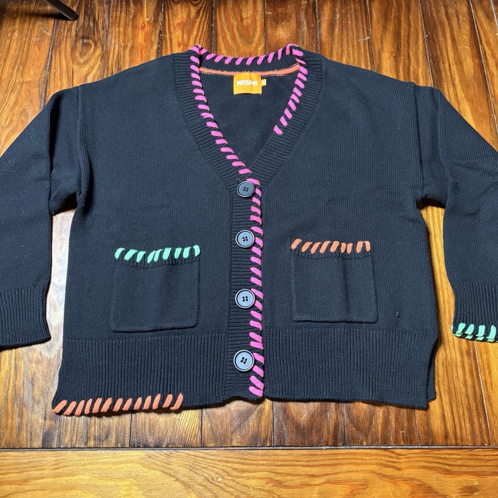 WISPR Brodie Black Thick Colorful Neon Stitches Cardigan Oversized XS Silk A1740